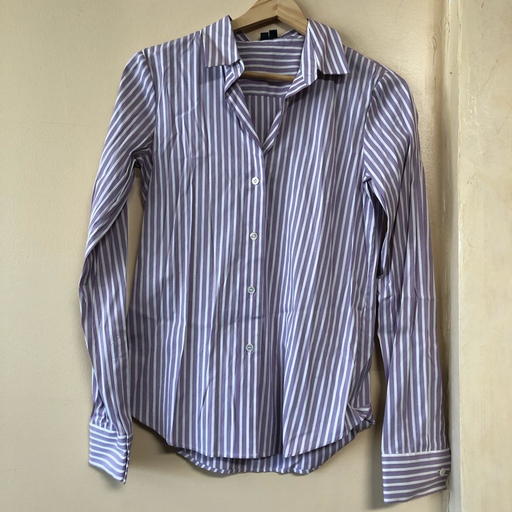 THEORY Striped Dress Shirt Stretch Oxford Purple White Button Down